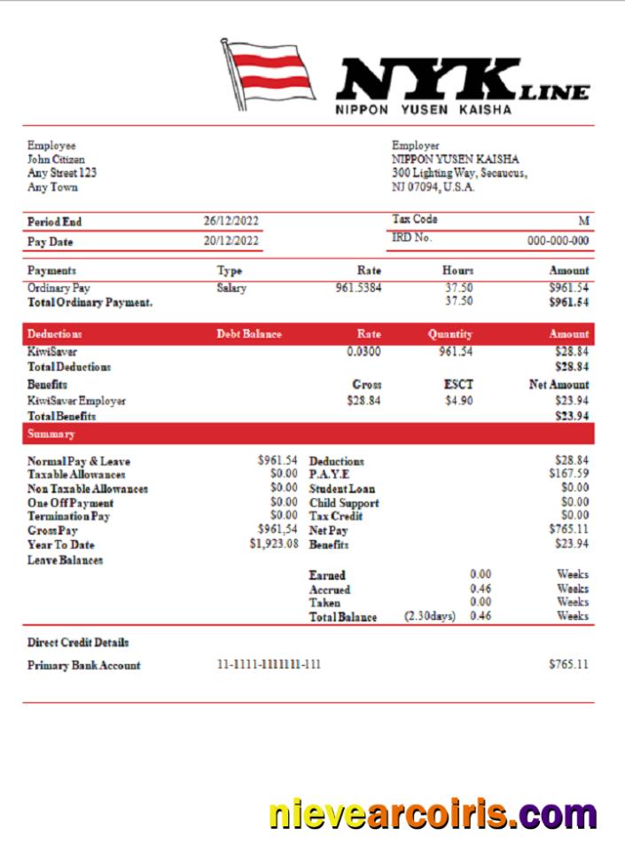 USA NIPPON YUSEN KAISHA shipping company pay stub